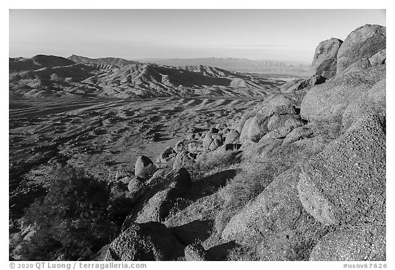 Cedar Basin and Anderson Ridge from Gold Butte Peak. Gold Butte National Monument, Nevada, USA (black and white)