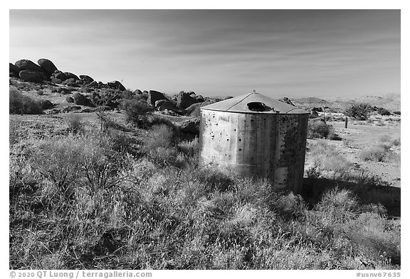 Abandonned tank, Gold Butte townsite. Gold Butte National Monument, Nevada, USA (black and white)