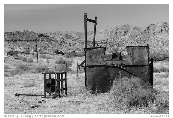 Old mining equipment, Gold Butte ghost town. Gold Butte National Monument, Nevada, USA (black and white)