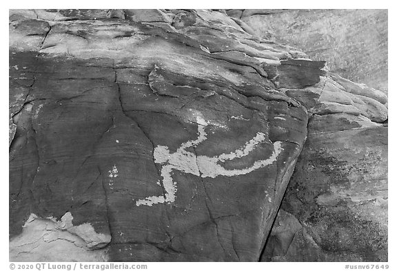 Falling Man petroglyph. Gold Butte National Monument, Nevada, USA (black and white)
