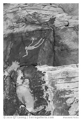 Rock wall with falling Man petroglyph. Gold Butte National Monument, Nevada, USA (black and white)