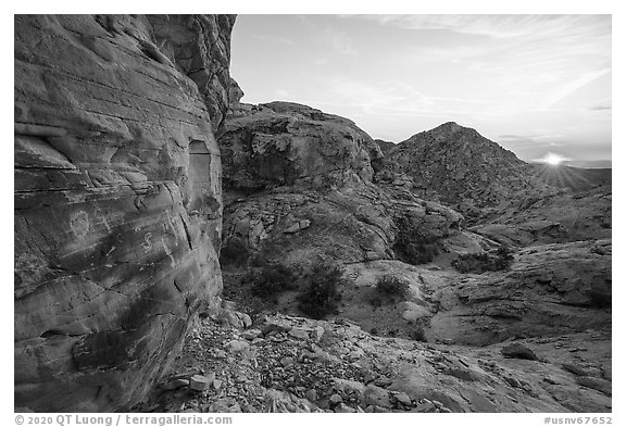 Petroglyphs and setting sun. Gold Butte National Monument, Nevada, USA (black and white)