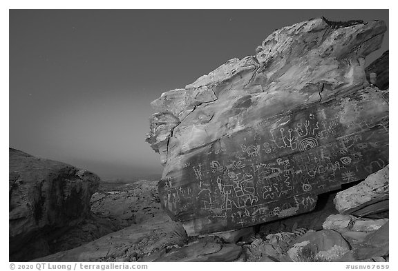 Newspaper Rock with petroglyphs at half light. Gold Butte National Monument, Nevada, USA (black and white)