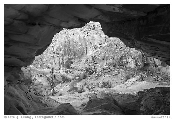 View through sandstone tunnel. Gold Butte National Monument, Nevada, USA (black and white)