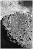 Boulder with dense petroglyphs against the sky, Shooting Gallery. Basin And Range National Monument, Nevada, USA ( black and white)