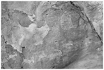 Close-up of petroglyphs on Shaman Hill, Mount Irish Archeological Area. Basin And Range National Monument, Nevada, USA ( black and white)
