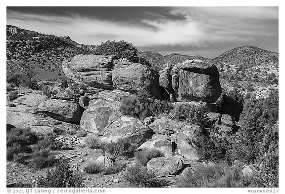 Boulders on Shaman Hill, Mount Irish Archeological Area. Basin And Range National Monument, Nevada, USA (black and white)