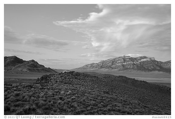 Sagebrush slopes and Worthington Mountains. Basin And Range National Monument, Nevada, USA (black and white)