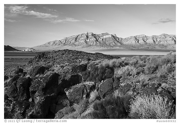 Volcanic boulders and Meeker Peak. Basin And Range National Monument, Nevada, USA (black and white)