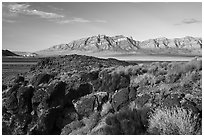 Volcanic boulders and Meeker Peak. Basin And Range National Monument, Nevada, USA ( black and white)
