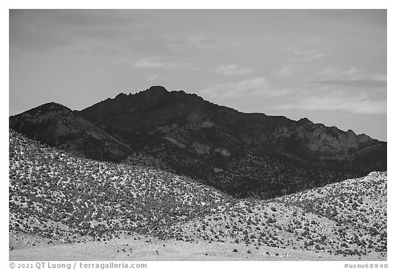Sunlit foothills and mountain in shadow from Garden Valley. Basin And Range National Monument, Nevada, USA (black and white)