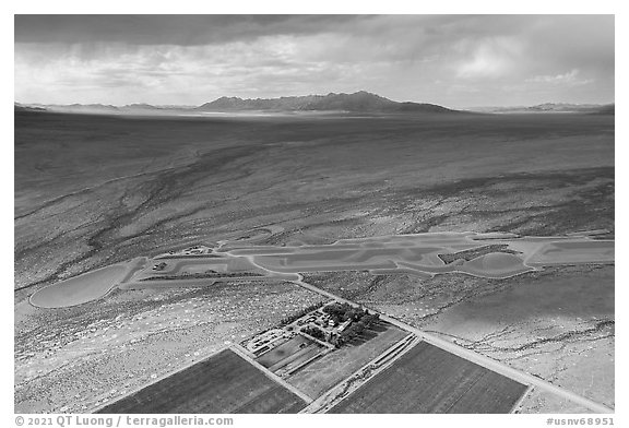Aerial view of Heizer Ranch and City. Basin And Range National Monument, Nevada, USA (black and white)