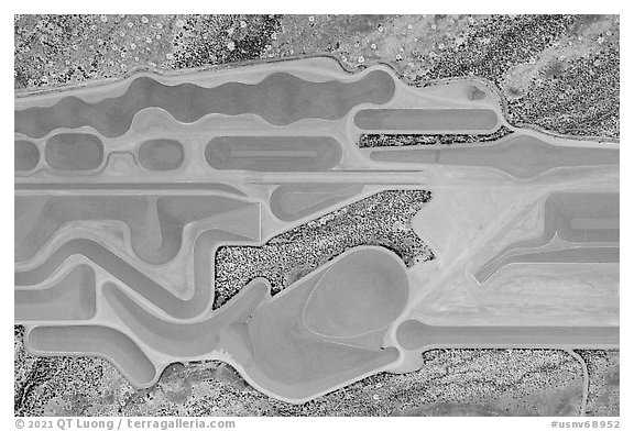 Aerial view looking down part of Michael Heizer City. Basin And Range National Monument, Nevada, USA (black and white)