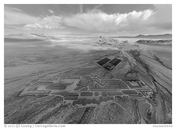 Aerial view of Michael Heizer's City. Basin And Range National Monument, Nevada, USA (black and white)