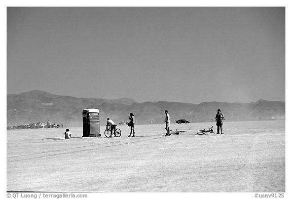 Line at the toilet, Black Rock Desert. Nevada, USA (black and white)