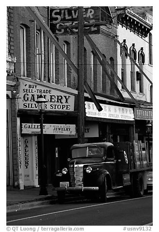 Old truck and storefronts. Virginia City, Nevada, USA (black and white)