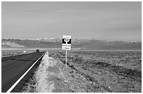 Sign reading Loneliest road in America. Nevada, USA (black and white)