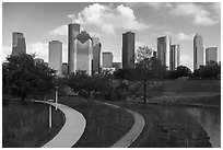 Park and downtown skyline. Houston, Texas, USA ( black and white)
