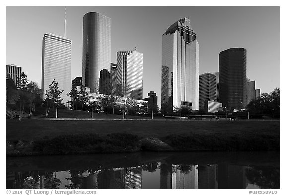 Skyscrapers from Sabine to Bagby Promenade. Houston, Texas, USA (black and white)