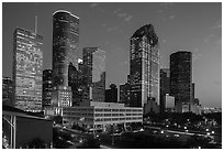Skyline with lights at dusk. Houston, Texas, USA ( black and white)