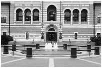 Fountain, and building, Rice University. Houston, Texas, USA ( black and white)