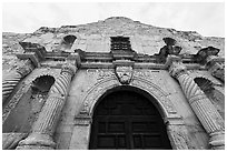 Looking up facade of the Alamo. San Antonio, Texas, USA ( black and white)