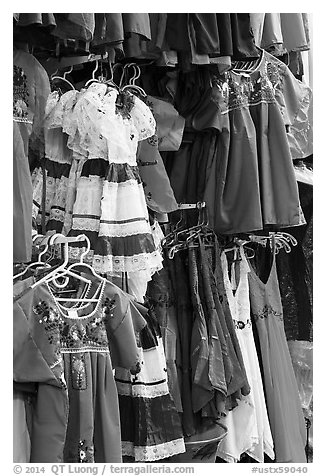 Mexican dresses for sale, Market Square. San Antonio, Texas, USA (black and white)