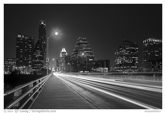 Skyline from Congress Avenue Bridge. Austin, Texas, USA (black and white)