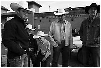 Family wearing cowboy hats, Stockyards. Fort Worth, Texas, USA ( black and white)