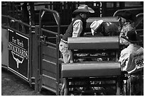 Men and gates, Stokyards Rodeo. Fort Worth, Texas, USA ( black and white)