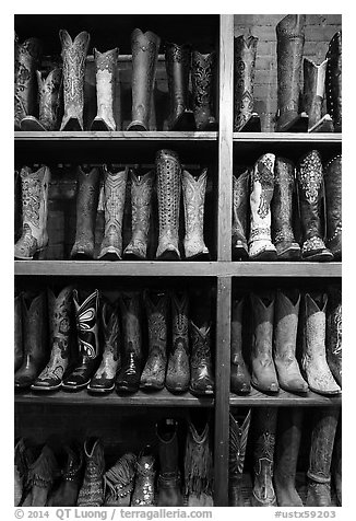 Cowboy boots for sale. Fort Worth, Texas, USA (black and white)