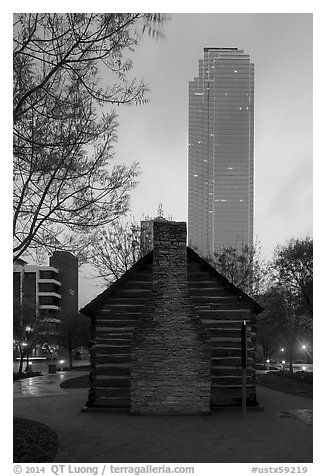Founder's house and skyscraper at dusk. Dallas, Texas, USA (black and white)