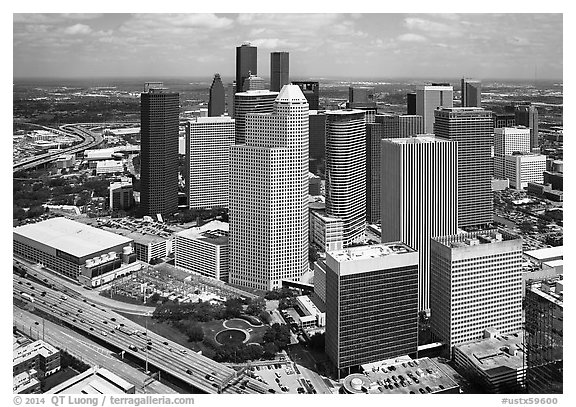 Aerial view of Skyline District. Houston, Texas, USA (black and white)