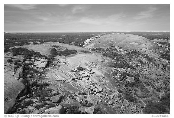 Aerial view of Enchanted Rock granite domes. Texas, USA (black and white)