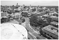 Aerial view of Austin skyline from above Frank Erwin Center. Austin, Texas, USA ( black and white)