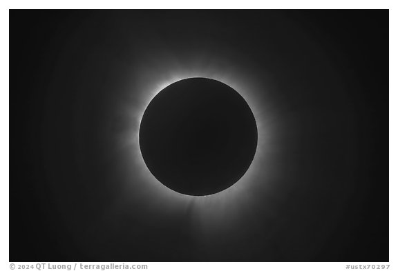 Protuberances and inner corona, April 8, 2024 total eclipse. Waco Mammoth National Monument, Texas, USA (black and white)