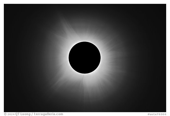 Corona streamers, April 8 2024 total eclipse. Waco Mammoth National Monument, Texas, USA (black and white)