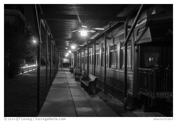 Historic railway car at night. Jefferson, Texas, USA (black and white)