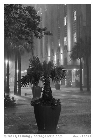 Night downpour in downtown. San Antonio, Texas, USA (black and white)