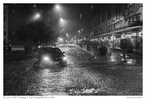 Flooded streets at night. San Antonio, Texas, USA (black and white)