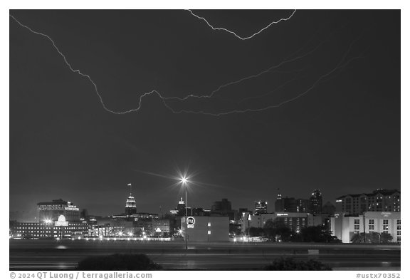 Skyline with Tower Life Building and lightning. San Antonio, Texas, USA (black and white)