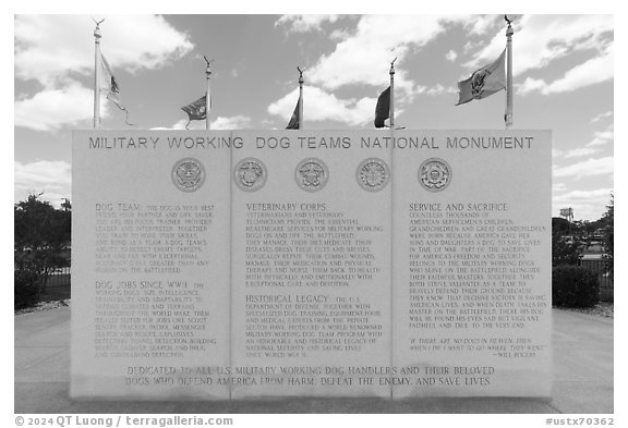 Granite wall with history incriptions, and the five US Armed Service flags, Military Working Dog Teams National Monument. San Antonio, Texas, USA (black and white)