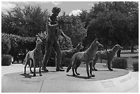 Bronze sculptures of four dogs and handler seated on granite pedestal, Military Working Dog Teams National Monument. San Antonio, Texas, USA ( black and white)