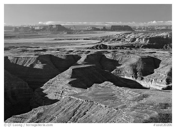 San Juan Canyon from Muley Point, with Monument Valley in the distance. Bears Ears National Monument, Utah, USA (black and white)