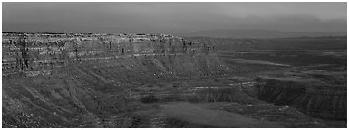 Canyon and cliffs at sunset. Bears Ears National Monument, Utah, USA (Panoramic black and white)