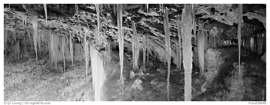 Ice stalactites under overhang. Utah, USA (black and white)