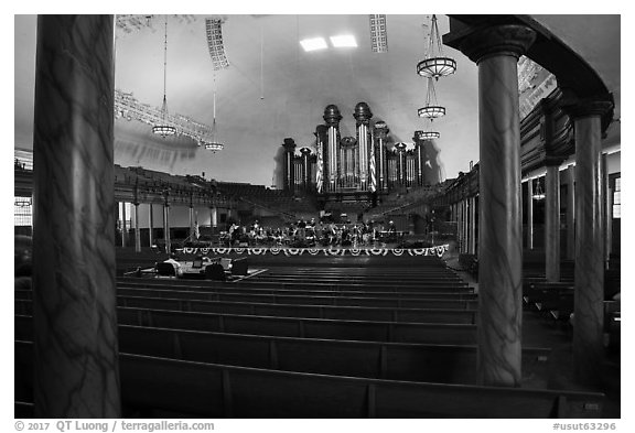 Tabernacle Choir rehearsing, Salt Lake Temple. Utah, USA (black and white)