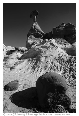 Rock and capped sandstone spire. Grand Staircase Escalante National Monument, Utah, USA (black and white)