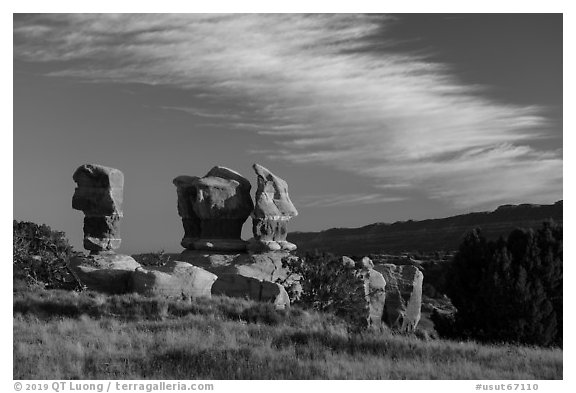 Hoodoos at sunset, Devils Garden. Grand Staircase Escalante National Monument, Utah, USA (black and white)