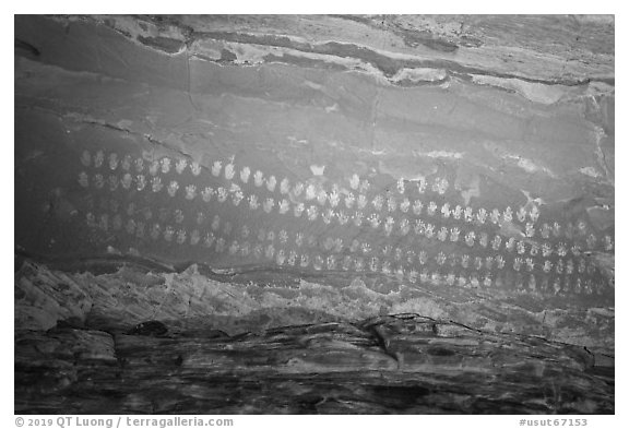 Hundred Handprints petroglyphs panel. Grand Staircase Escalante National Monument, Utah, USA (black and white)